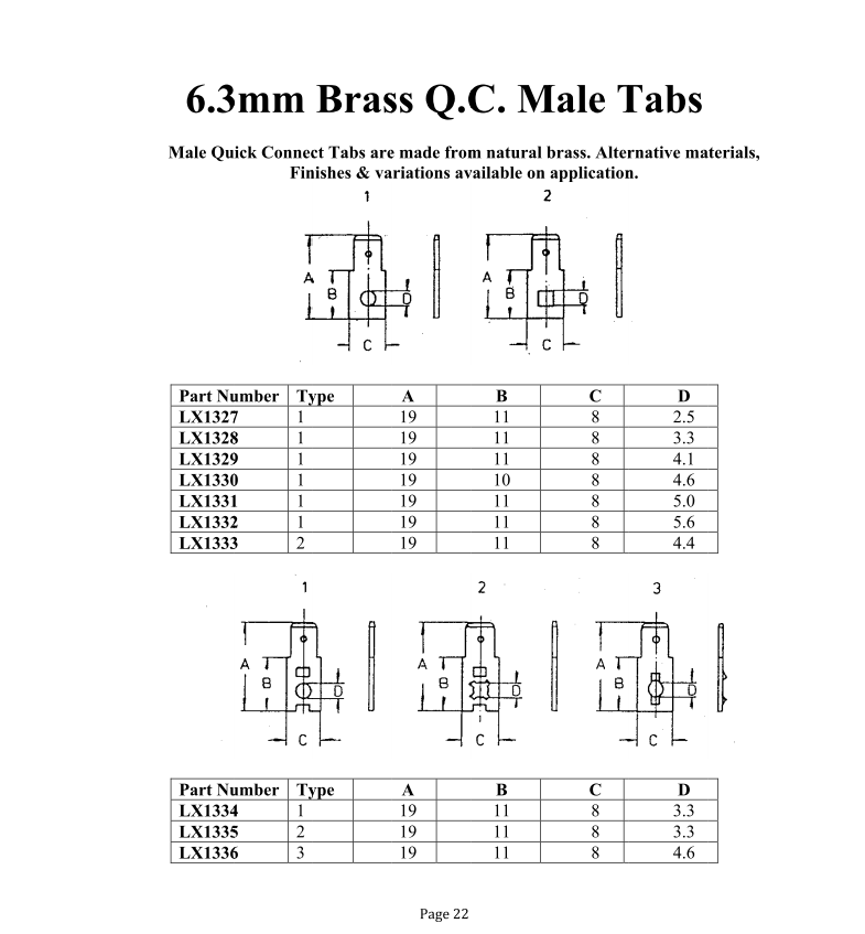 6.3mm brass quick connect male tabs